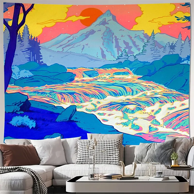 

Psychedelic Tapestry Wall Hanging Nature River Forest Waterfall Home Decor Aesthetic Room Vibe Trippy Art Bedroom Living Room Wa