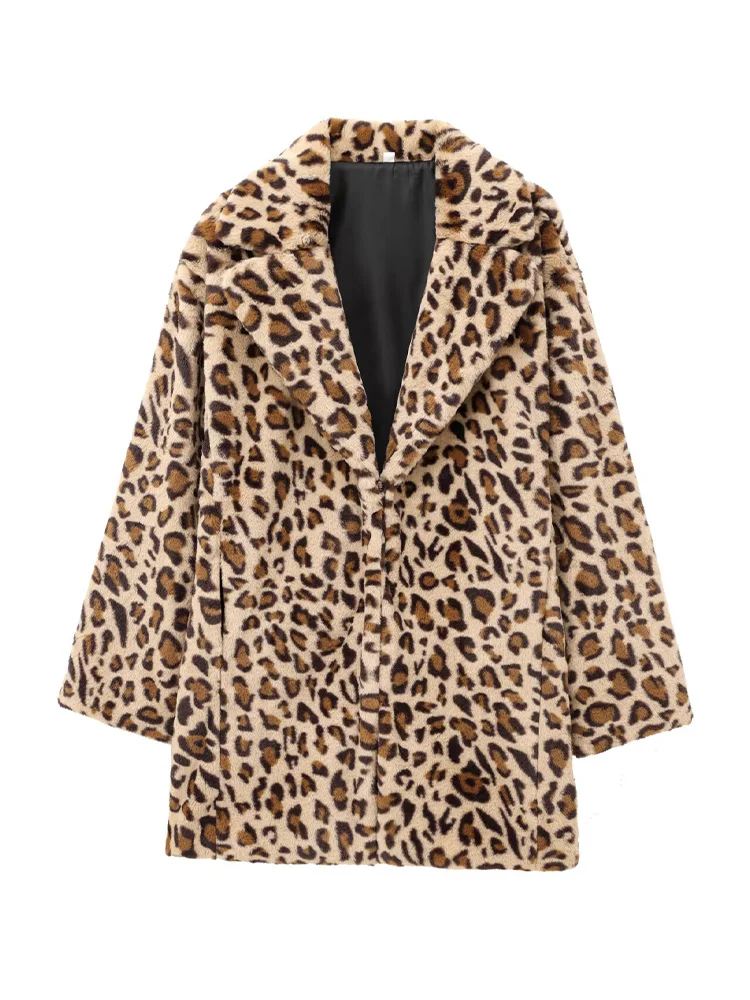

HH зимняя женская элегантная куртка с отложным воротником и леопардовым принтом, женская однобортная куртка из искусственного меха с длинными рукавами и карманами