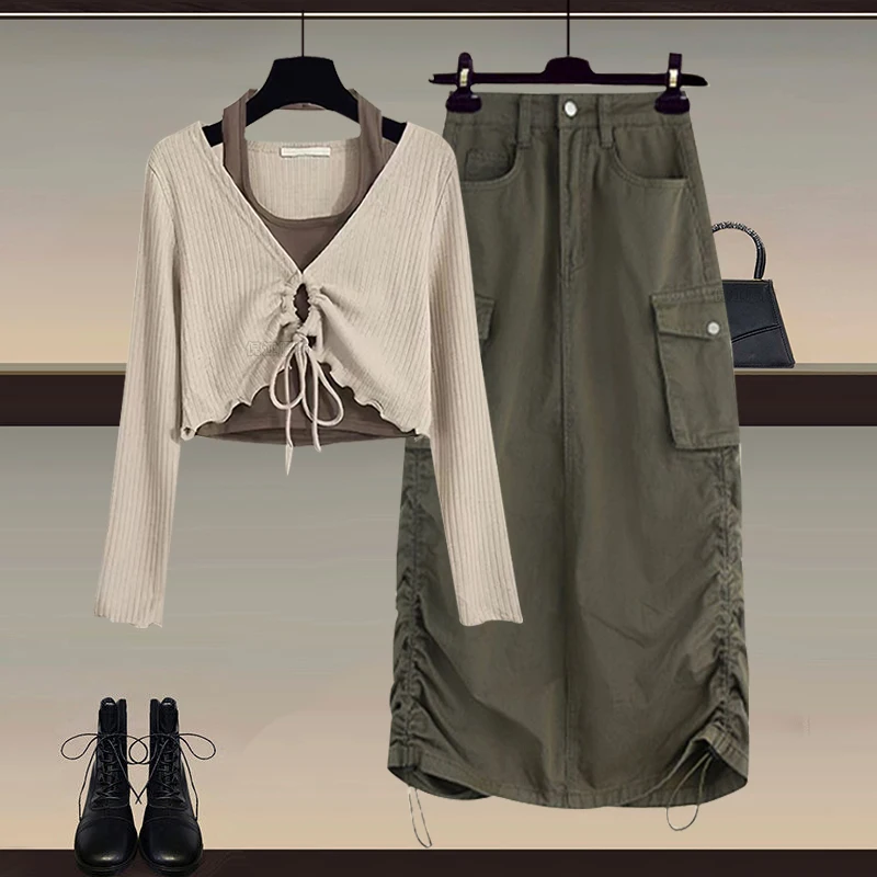 Conjunto de Ropa de Trabajo Estilizada de Moda Primavera para Mujer, Conjunto de Dos Piezas con Top y Falda, Look Elegante para Profesionales Jóvenes