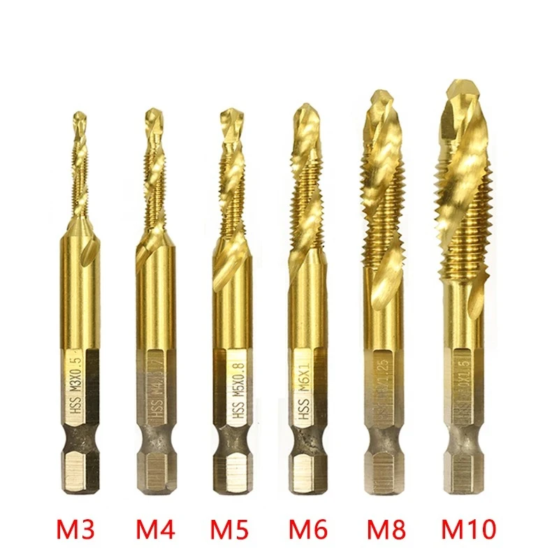 6 stücke Tap Titan Überzogene Sechskantschaft Bohrer Bits HSS Schraube Gewinde Metrische Taping Schraube Maschine Verbindung Werkzeug M3-M10 hand Werkzeuge – Detail 2