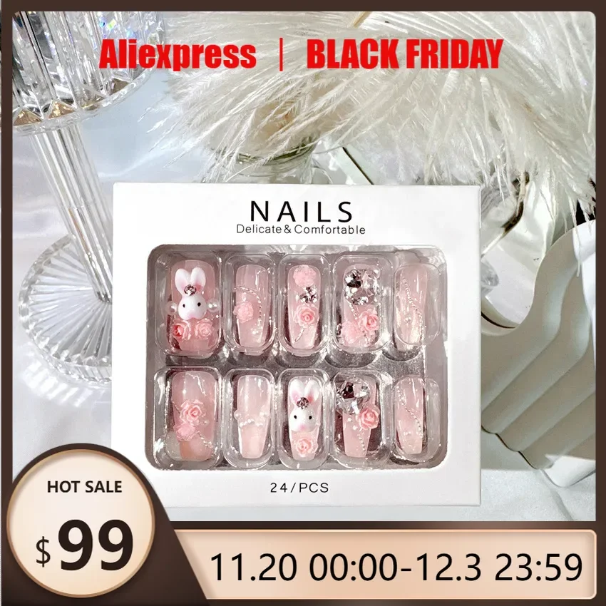 

24PCS Fake Nails 3D Rabbit Star Rhinestone Designs White Blue Color Press on Nails Ballerina False Nails for Women DIY Manicure