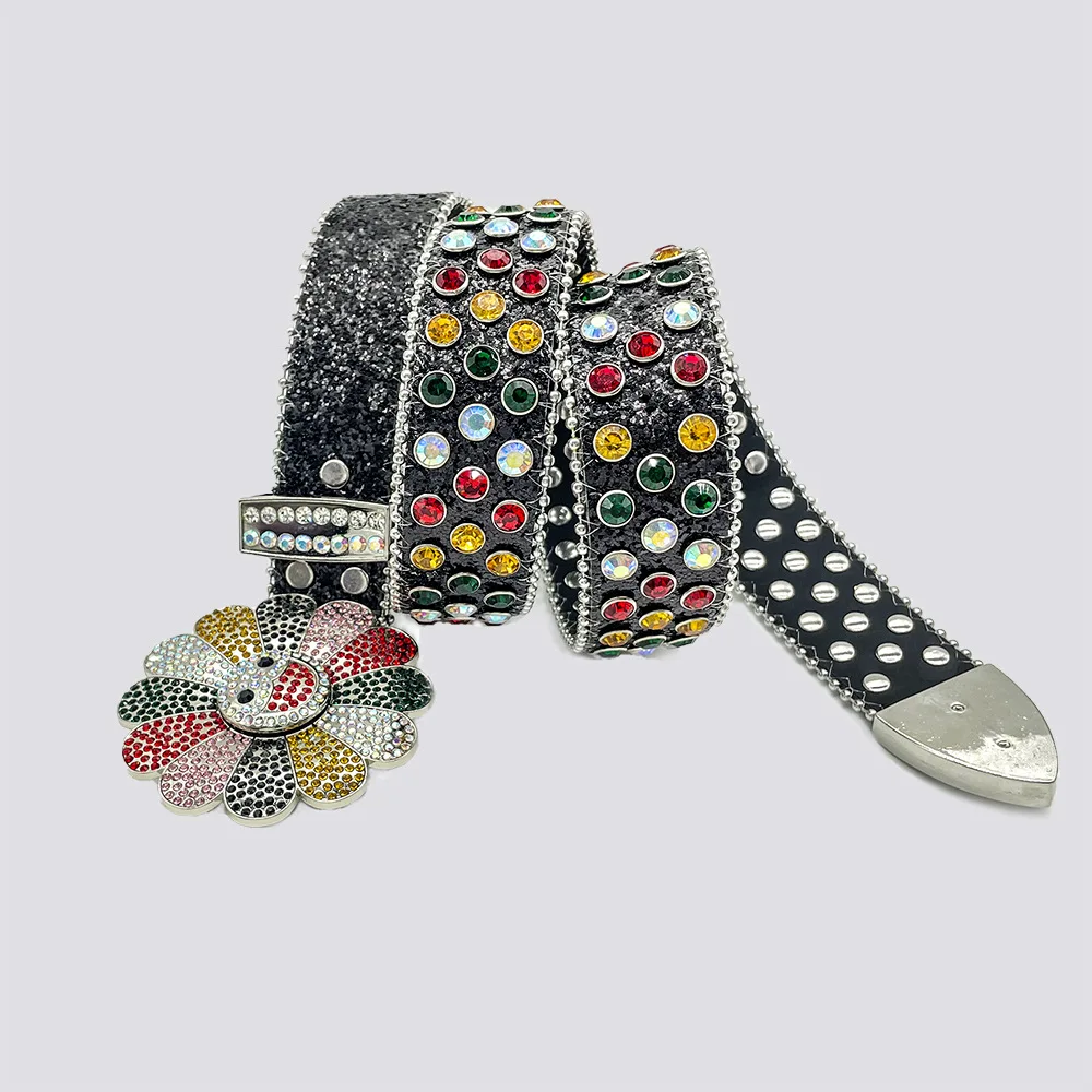 Western Sun Flower Rhinestone Buckle PU Leather Women Men Belt Punk Belt with Jeans Causal Pants