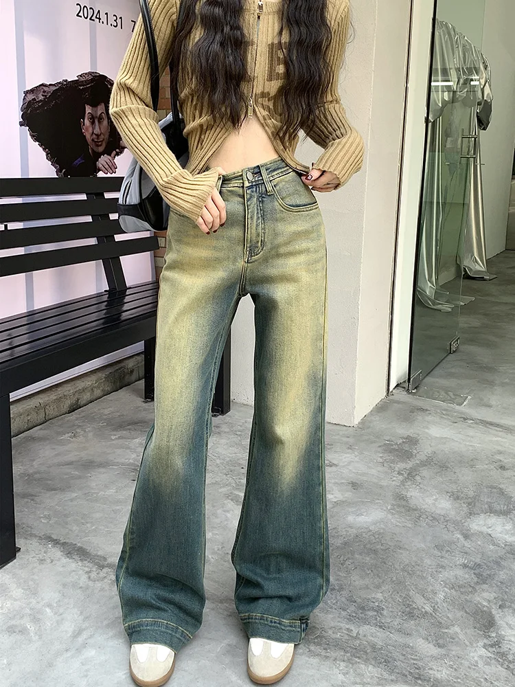 

Slergiri Streetwear Distressed Flared Jeans Woman American Retro High-waisted Jeans 2024 Spring Women Y2k Washed Denim Trousers
