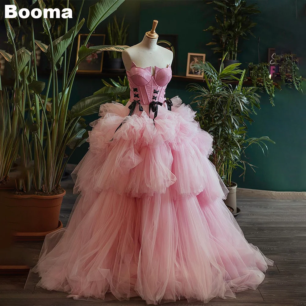 Booma Pink Tiered Tulle Prom Dresses Sweetheart Sleevless A-Line Evening Dresses Long Honmcoming Dress Wedding Party Dresses