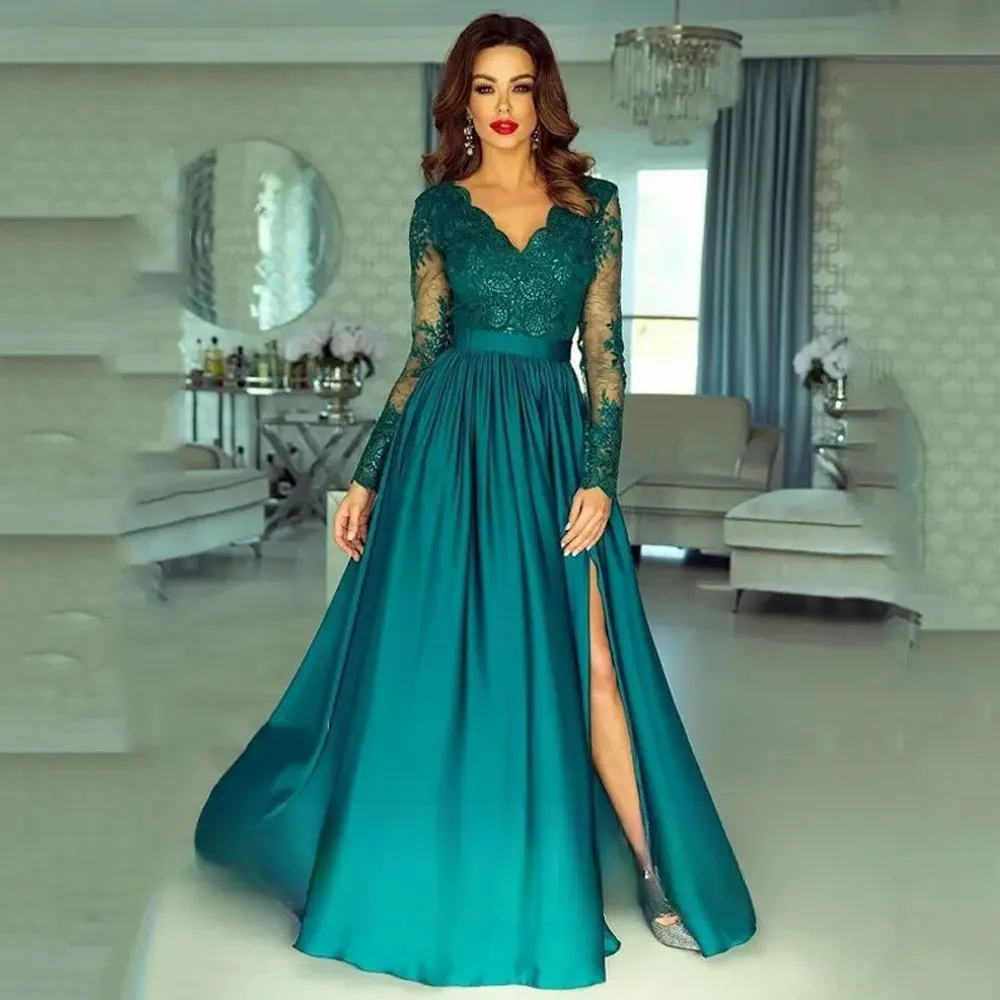 Elegant Emerald Lace Evening Dresses for Women 2024 Mexico Sexy Hollow Out Long Sleeves V Neck Thigh Split Prom Gown Custom Made