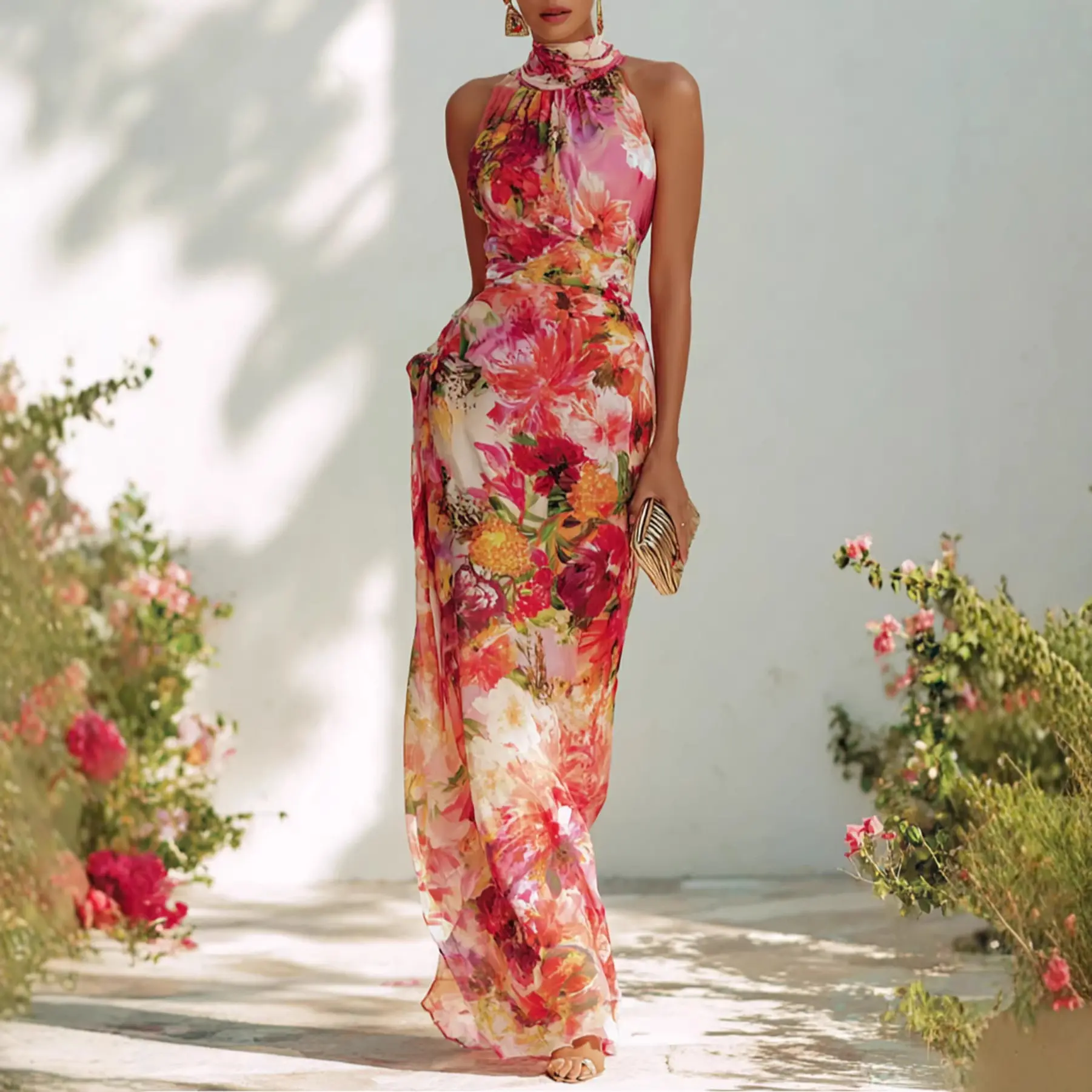 

Fashion Floral Print Slim Bodycon Long Dress Woman Elegant Halter Off Shoulder Party Dresses Summer Sleeveless Holiday Dress