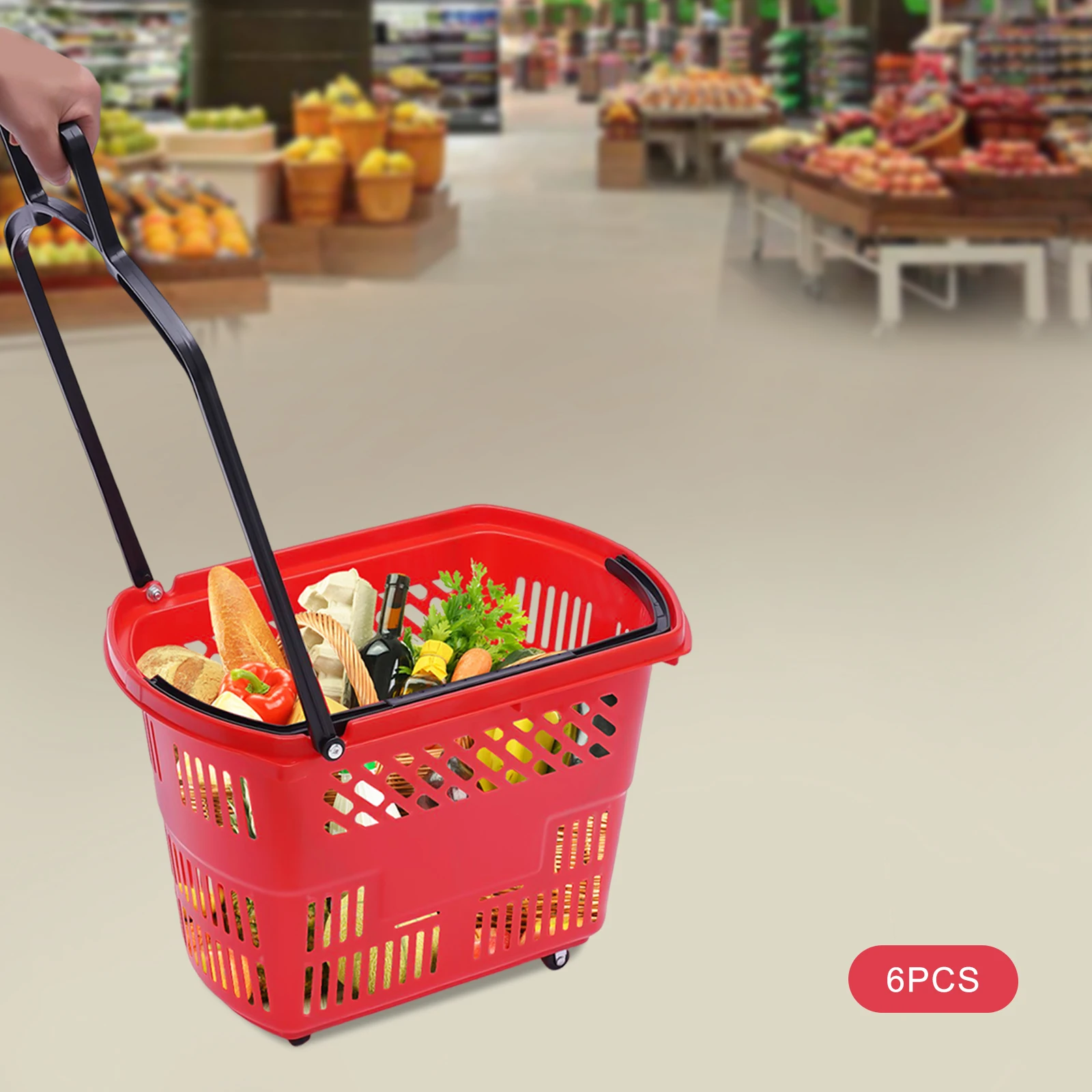 35L 6PCS Shopping Carts with Wheels and Handle, Red Shopping Basket Plastic Rolling Shopping Basket, Portable Shopping Baskets