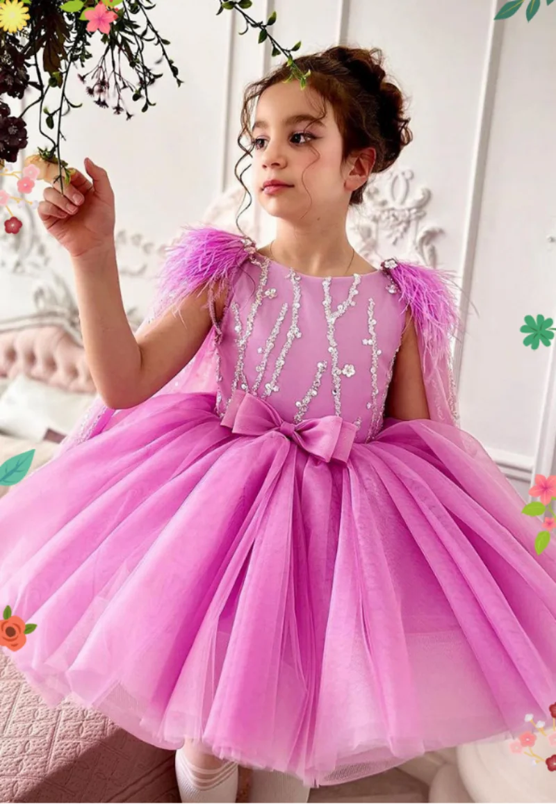 

2024 New Girl's Evening Dress for Birthday Party with Sequin Feather Fluffy Ballet Performance Girl's Princess Dress