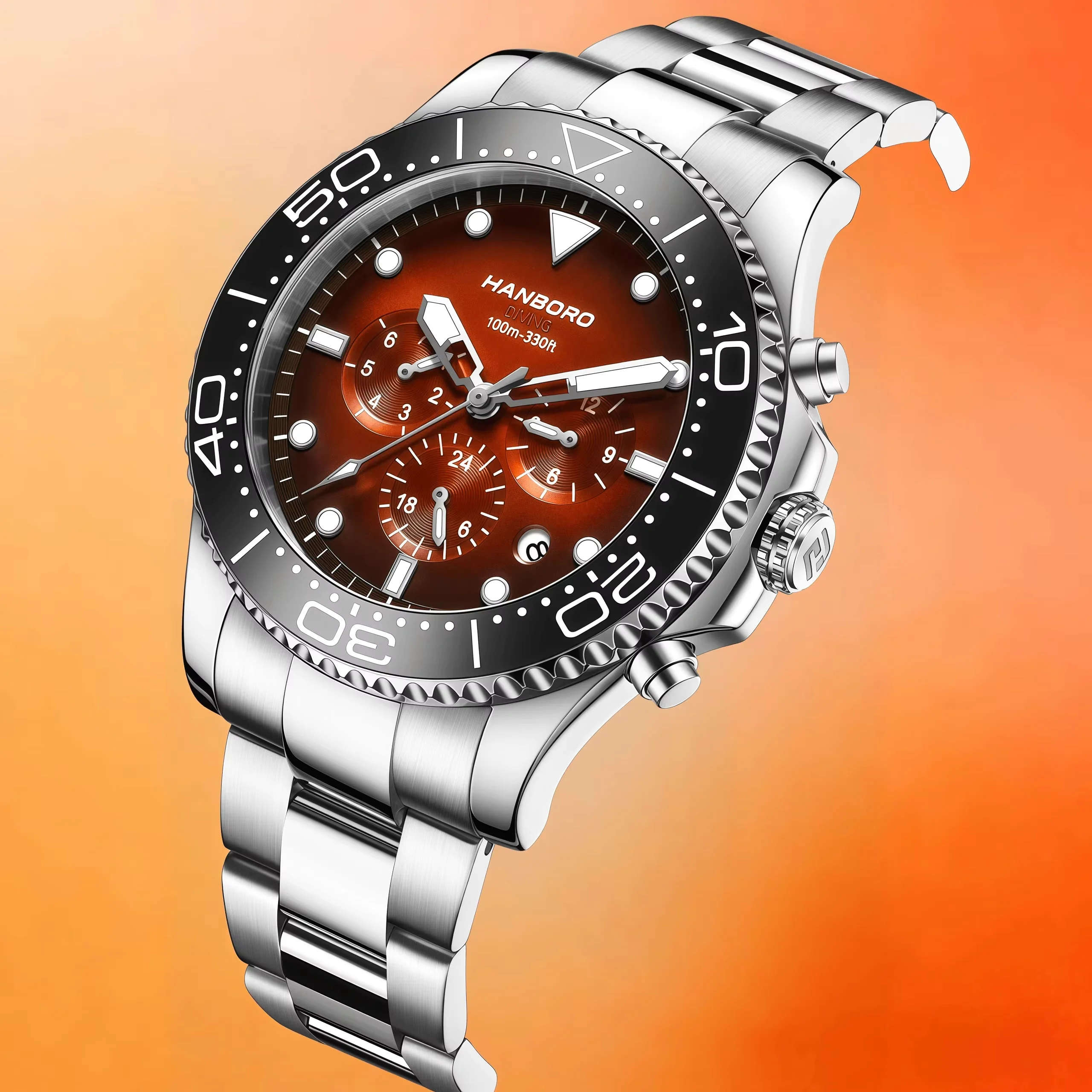 HANBORO Herren Chronograph Uhr 100M Wasserdicht Orange Zifferblatt Edelstahl Taucheruhr für Männer