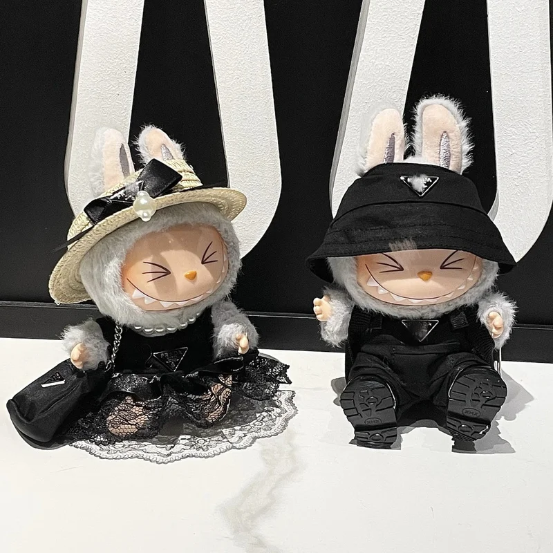 17cm Labubu Clothes Luxury Pendant Doll Big Brand Cool Black Couple Outfit Sunglasses Accessories Exquisite Shoes  Fisherman Hat