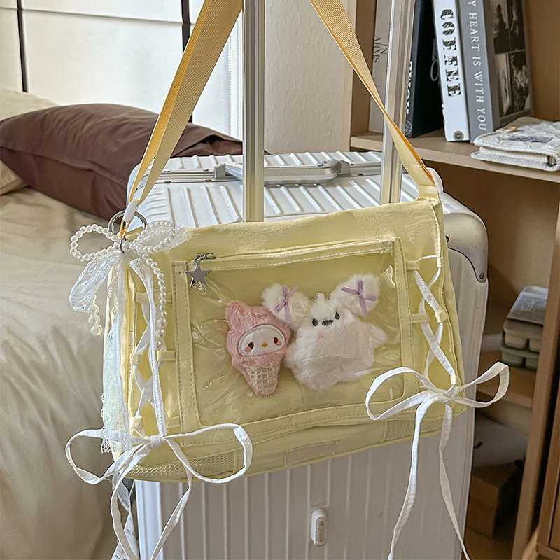 

New Student Large Capacity Crossbody Bag Flip Design Bow Ribbon Female Cute Transparent Pain Bag Simple Splicing Shoulder Bag