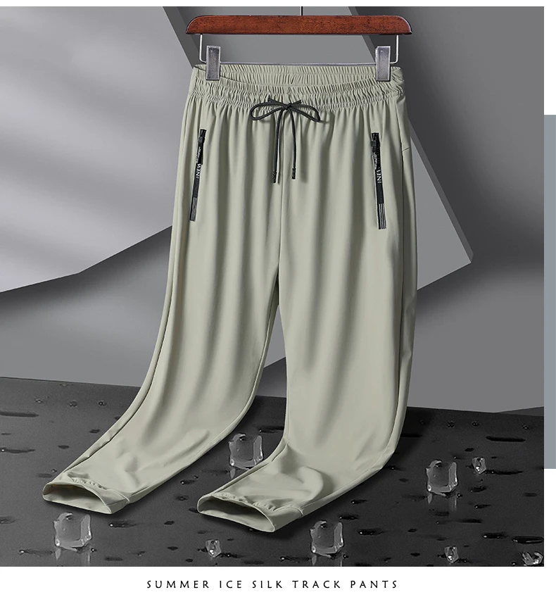 Men's Athletic Stretchy Ice Silk Quick Dry Pants Zipper Pockets Lightweight Sweatpants Outdoor Hiking Breathable Running Workout