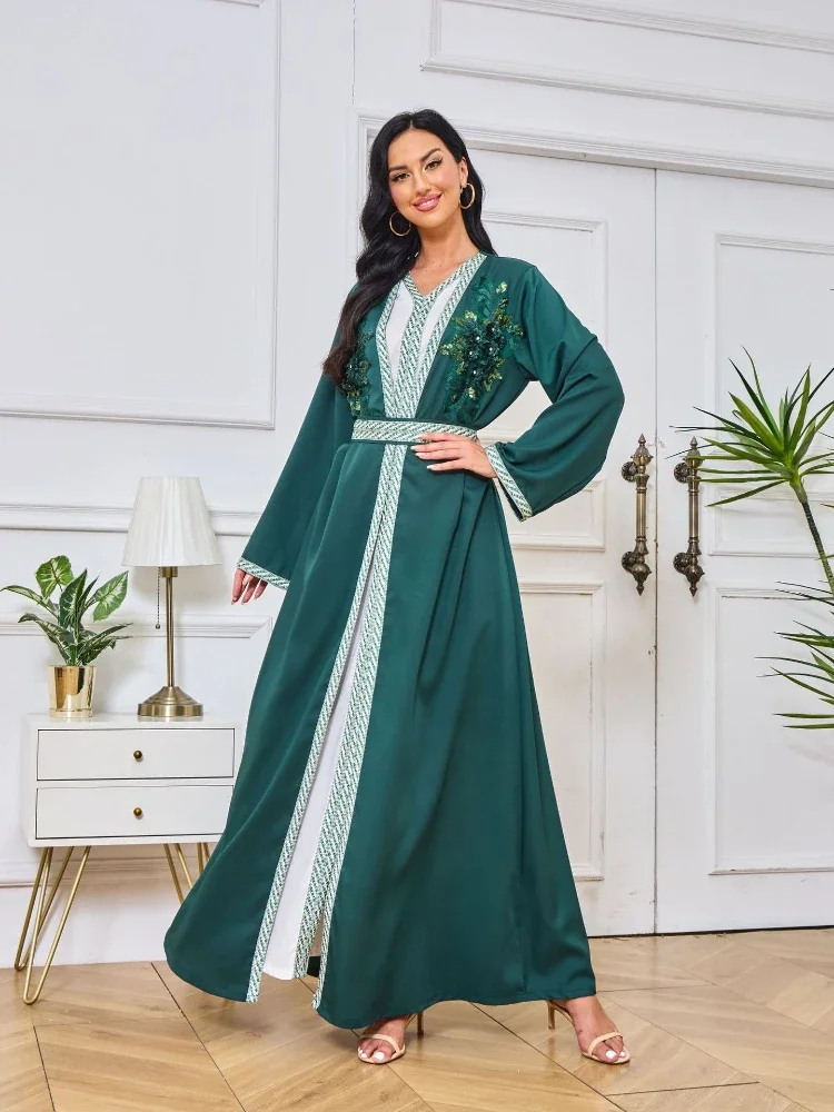 

Eid Muslim Party Dress Women 2 Piece Set with Inner Dress Abaya Embroidery Jalabiya Long Dresses Kaftan Vestidos Ramadan Gown