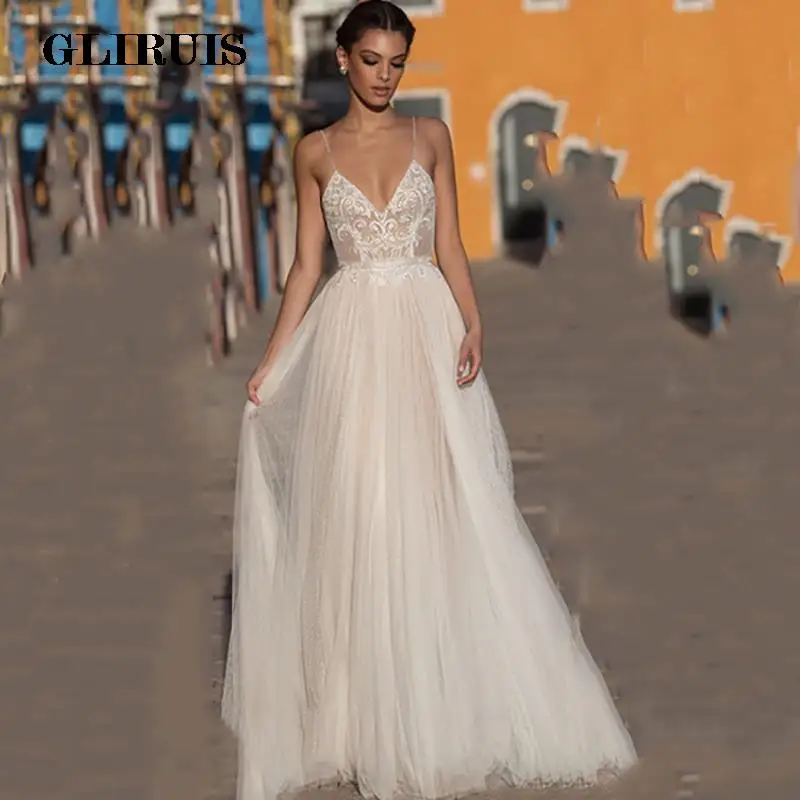 Elegante vestido de casamento boêmio de praia, cintas de espaguete sexy em V, sem encosto, vestidos de casamento 2023