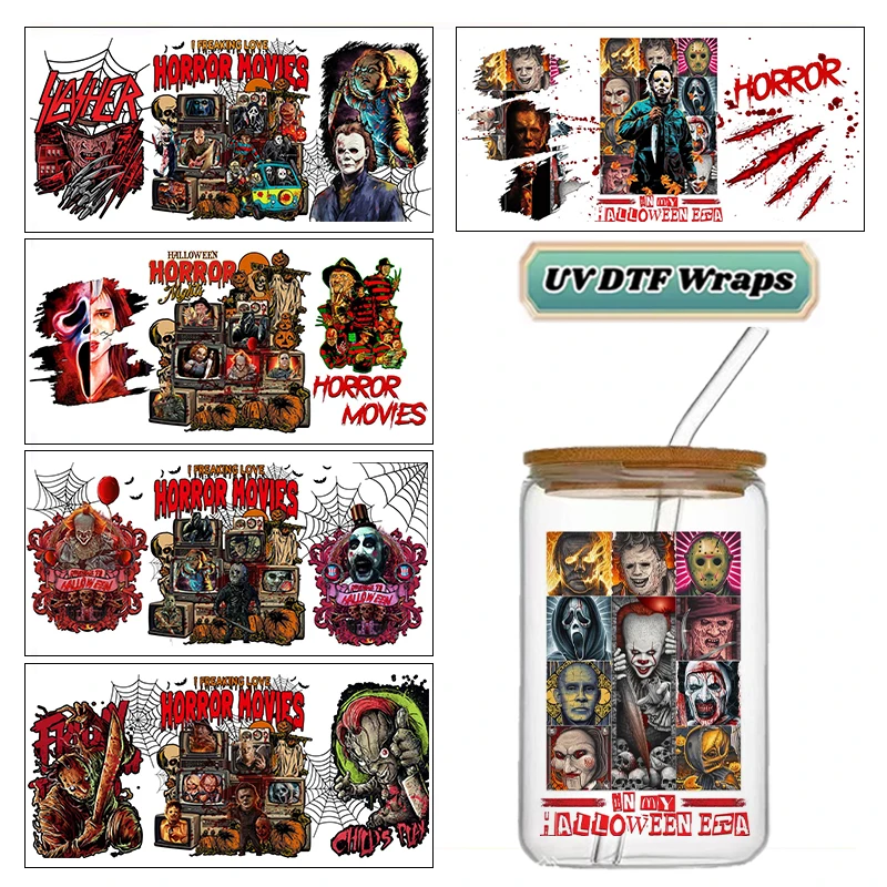 Retro Horror Icons UV DTF Cold Transfer Stickers No Heat Durable Print DIY 16oz Glass Can Spooky Halloween Tumbler Decoration
