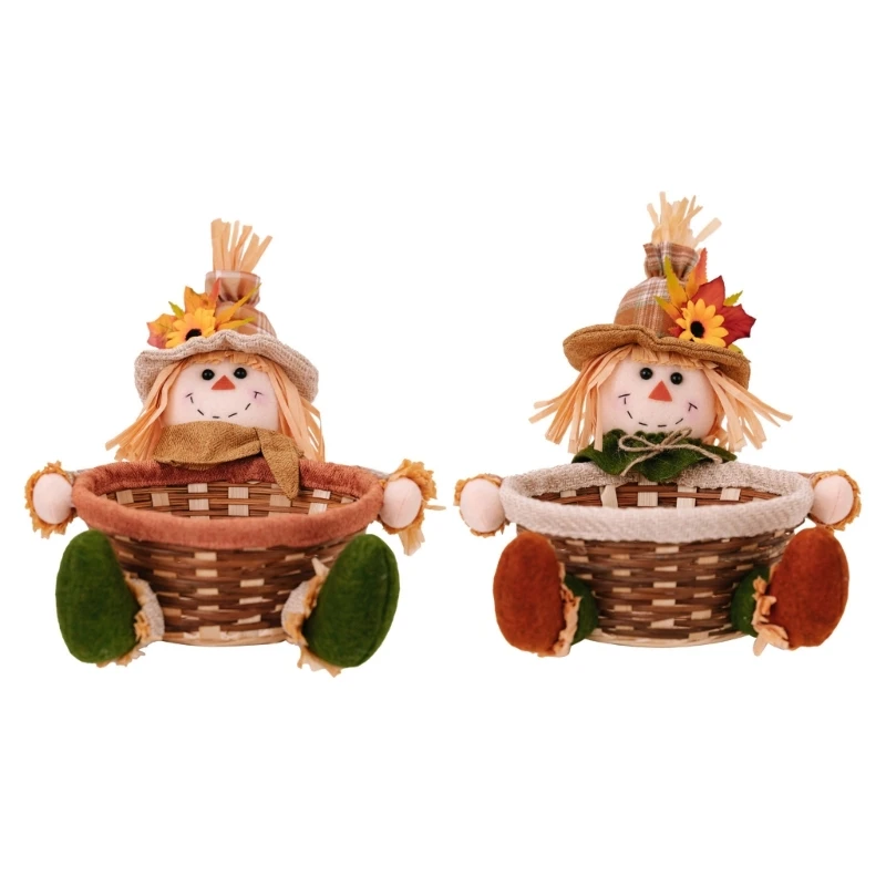 Decorative Scarecrow Candy Basket Fabric and Wickers Festives Candy Container Storage Organizers for Thanksgiving Treats