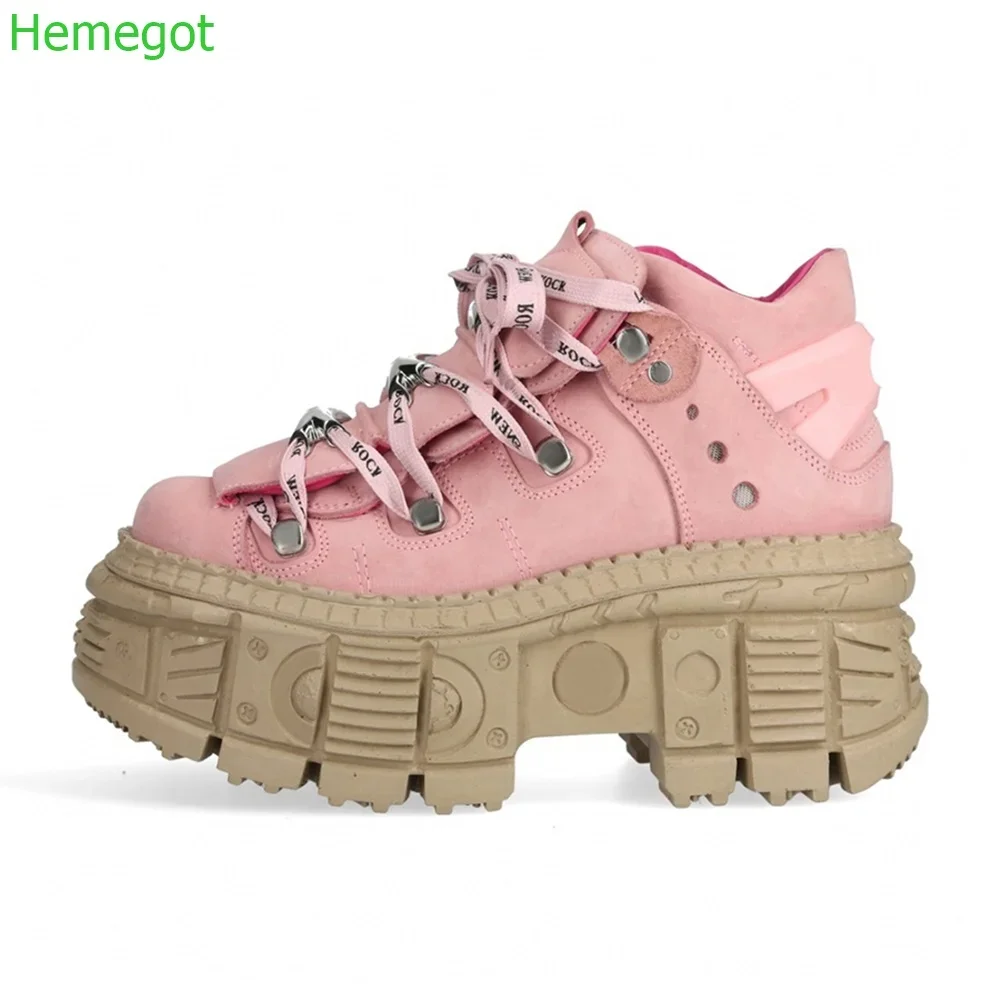 Punk Metal Rivet Short Boots Round Thick Sole Fashion Boots 2024 Spring New Pink Street Style Lace Up Casual Women Ankle Shoes