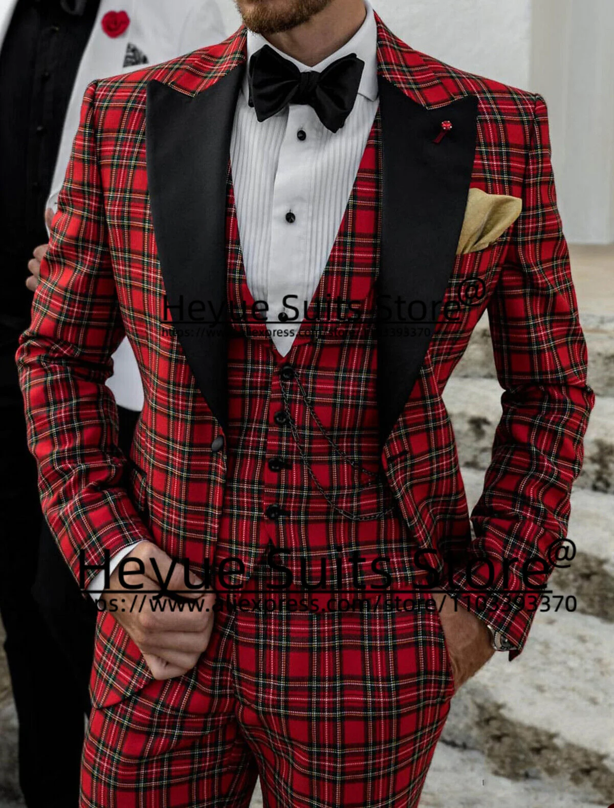 Trajes de boda a cuadros rojos para hombres, esmoquin Formal de novio, Blazer de negocios, ajuste Delgado, solapa de pico negro, conjuntos de 3