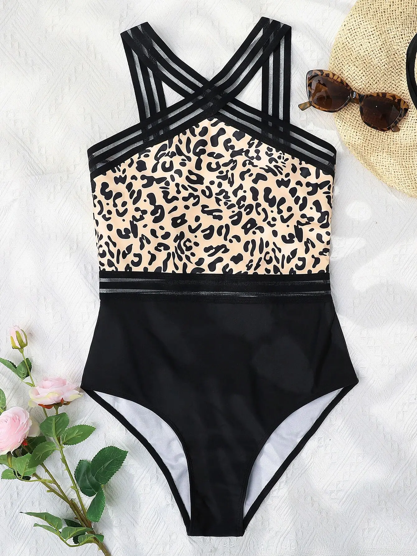 Mesh Tape Swimsuit One Piece Sexy Leopard 2022 Swimwear Women Cross High Neck Bathing Suit Female Swimming Summer Beachwear