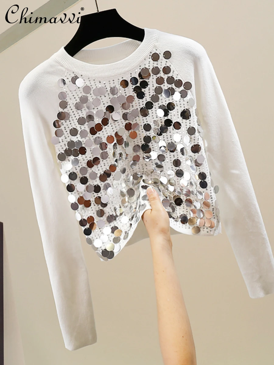 Heavy Sequins Shiny Pullover Long Sleeve Knitted Sweater Autumn Winter New Fashion Design Round Neck Slim Pullover Women Tops