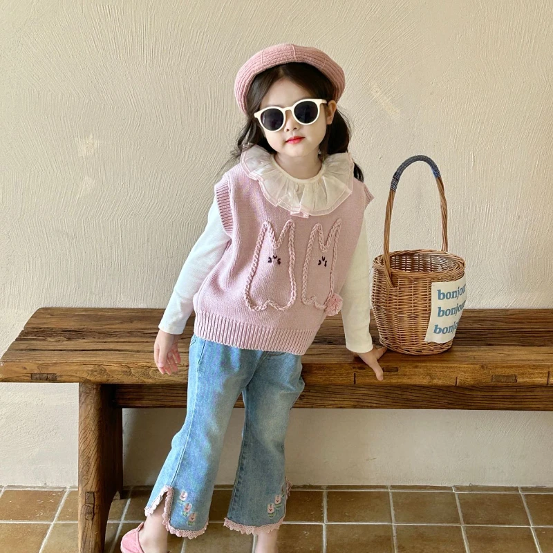 Wool Vest Pants 2024 Autumn New Girls Cartoon Lapel Bottoming Shirt Cowboy Cute Sweet Simple Active