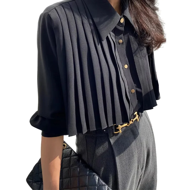 จีบเสื้อสีดําอุตสาหกรรมหนัก Sle หญิง K-sle ฤดูใบไม้ผลิพับเสื้อ Slish สั้นเสื้อเอวสูง All-matching Tops