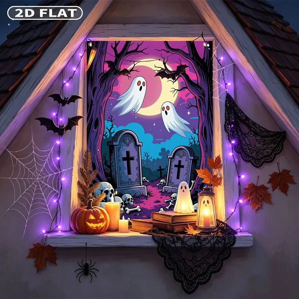2D FLAT 1pc Party Window Cover Banner, with Spooky Graveyard Ghosts Moon Skulls Bones Trees, No Power Need Home Decor