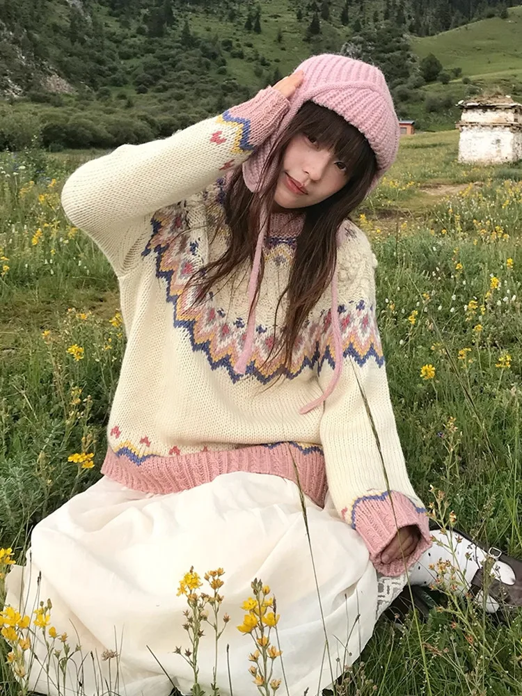 108cm Bust Women Fall Winter Warm Wool Pullovers Sweaters Elegant Loose Vintage Iceland Fair Isle O-Neck Knitted Sweaters