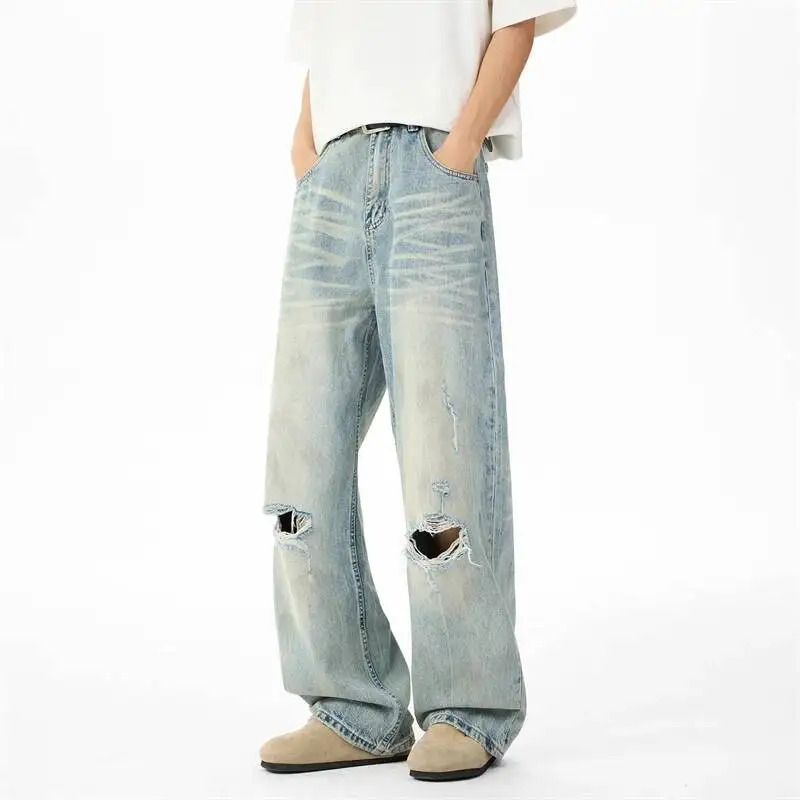 Light Blue Vintage Men's Baggy Jeans American Casual Single Knee Distressed Washed Streetwear Denim Long Pants