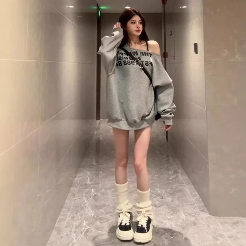 2025 Autumn Women's Sweatshirt Letter Print Off Shoulder Long Sleeve Gray Niche Loose Slim Fit Sweet