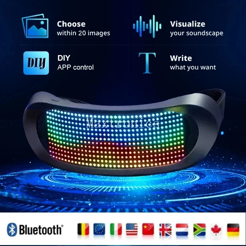 Óculos led bluetooth programável, faça você mesmo, luminoso, brilhante, futurista, viseira eletrônica, adereço para bar, festa de natal