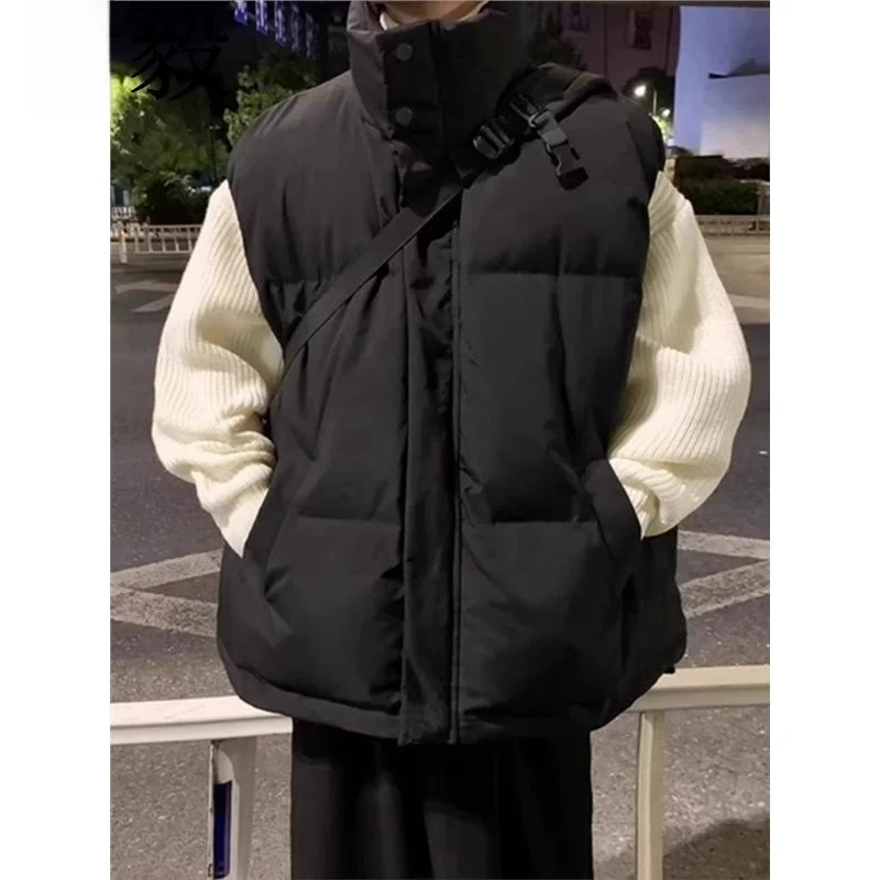 

Men's Thiened down Cotton Vest Winter Faion Loose Fit Stand Collar Svel Jaet Polyester Fiber Zipper Closure