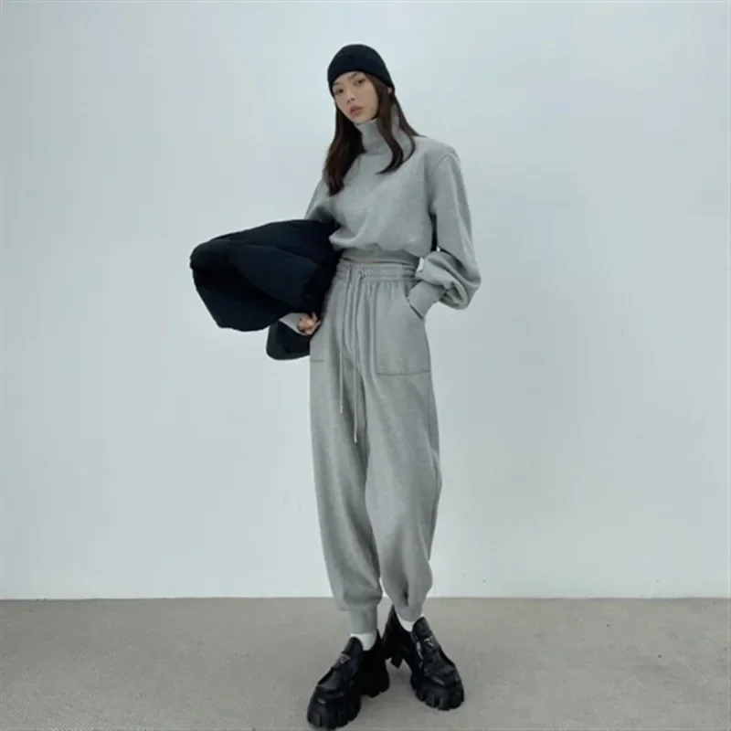 

Women Solid Full Sleeve Loose Casual Turtleneck Short Tops Two Piece Sets Elastic Waist Long Pants Set 2023 Autumn Winter