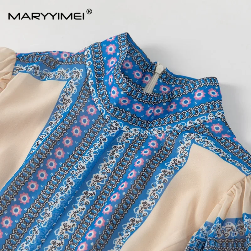 MARYYIMEI Fashion design Women's Dress Stand collar Lantern Sleeved High waist Vintage Print Pleated Splicing S-4XL Dresses