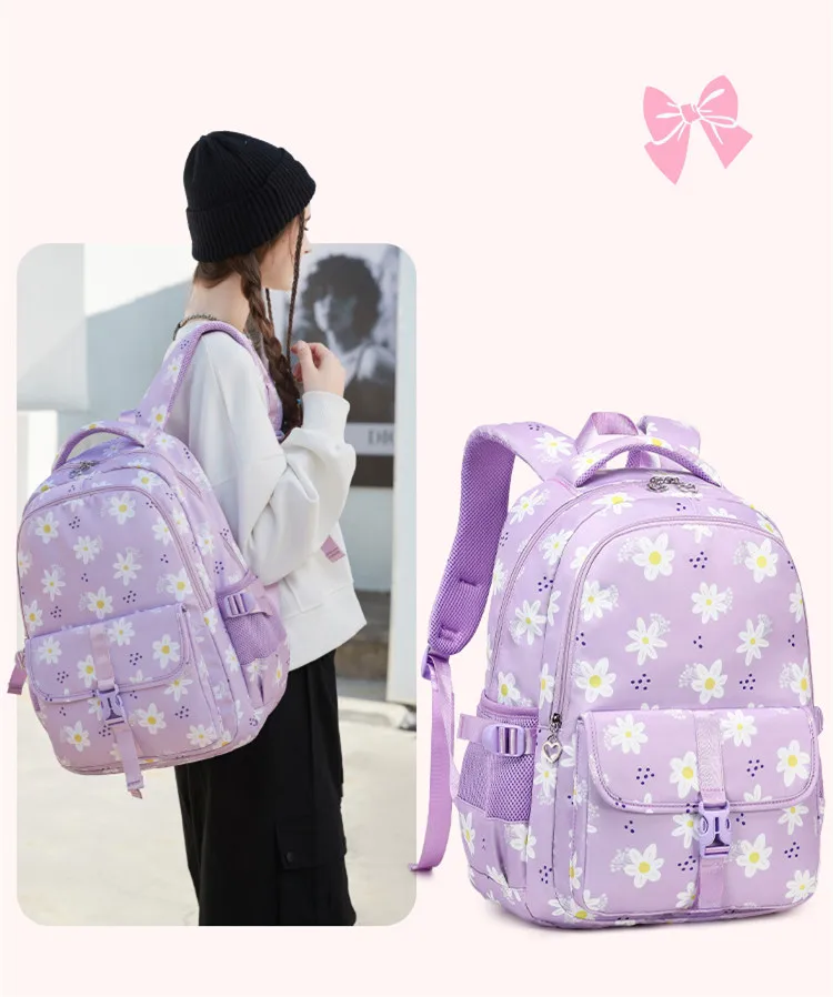 Large Capacity School Backpack for Girls Elementary Middle School Bags Purple Bookbag Student Flower Backpack with Many Pockets