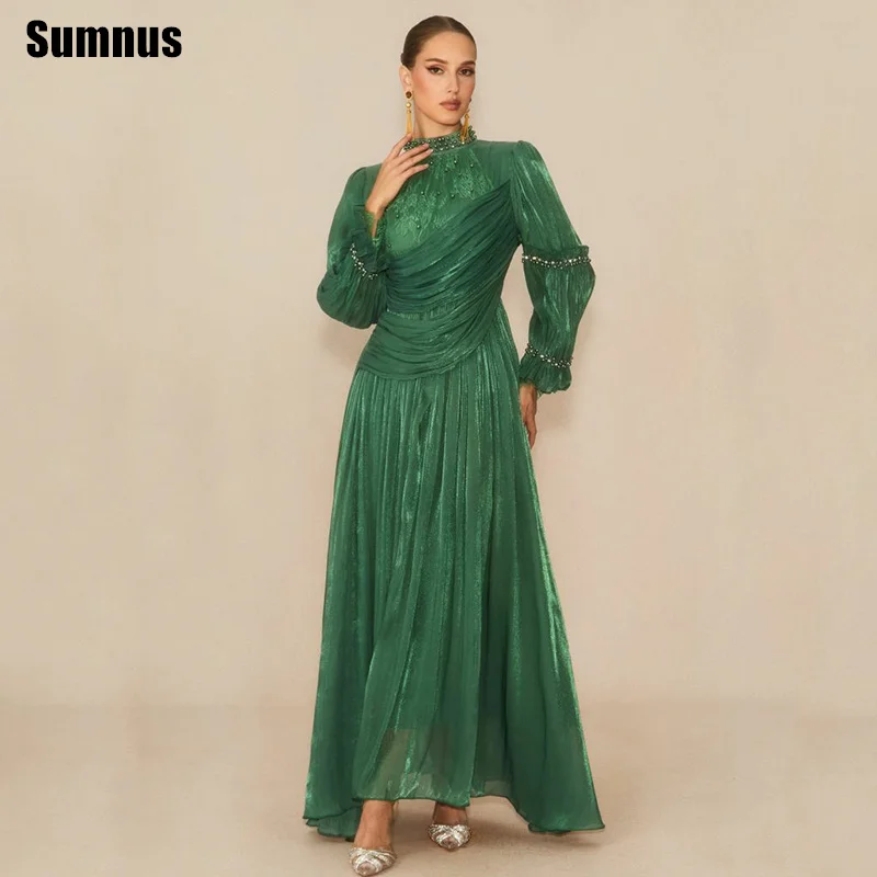 

Sumnus Elegant A-Line Evening Dresses High Neck Beading Emerald Formal Dresses Saudi Gala فساتين سهرة Customized