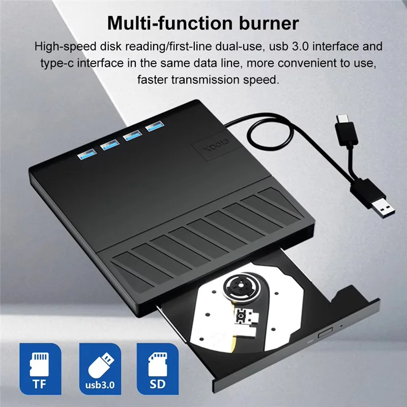 A76F-7-In-1 USB 3.0 Type C External CD DVD RW Optical Drive DVD Player Burner Reader For Windows XP/7/8/10/11 Laptop Desktop