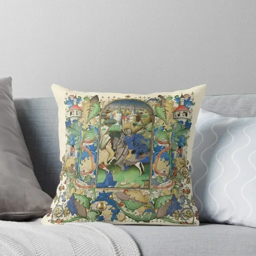 Saint George,Dragon and Princess ,Medieval Miniature in Blue Green Floral Leaves Throw Pillow Cushions Home Decor pillow