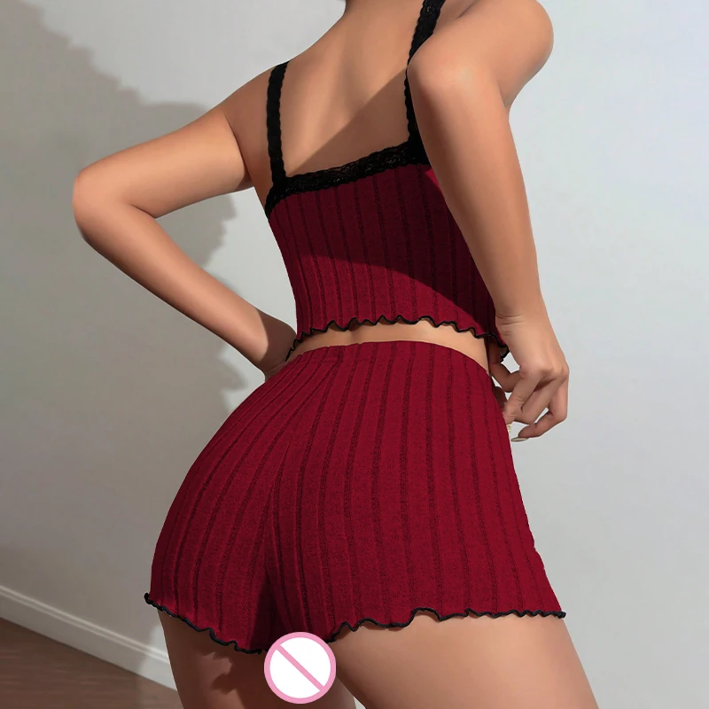 طقم بيجامة نسائي مثير بطباعة فيونكة، شورت بحمالات، مريح وناعم وقابل للتنفس، ملابس منزلية للنوم اليومي