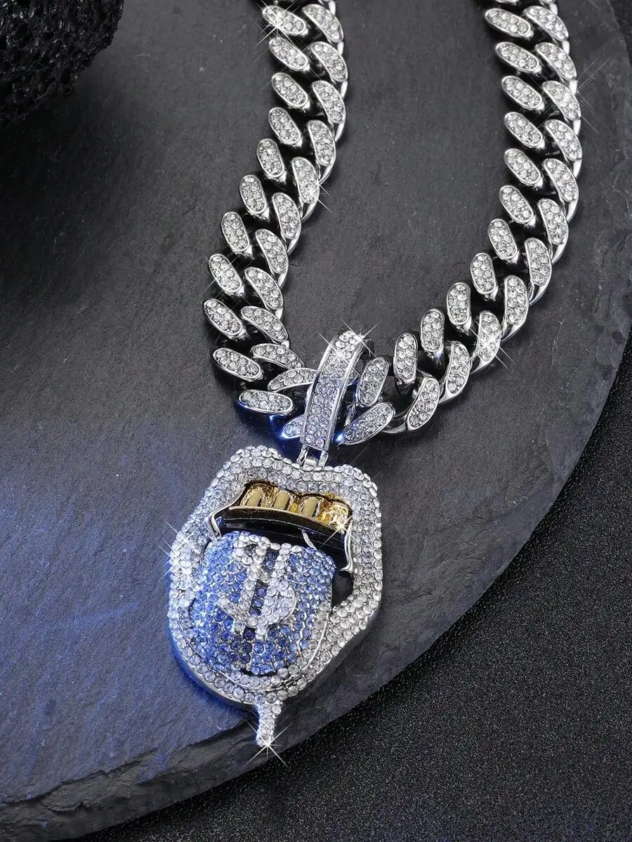 

Oversized Dollar Bill Flame Tongue Pendant Necklace Rhinestone Studded Hip Hop Jewelry For Men