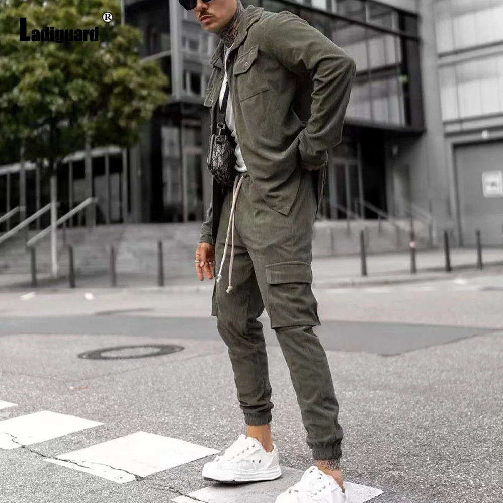 Plus Size 3xl Mens Casual Corduroy Two Piece Sets 2024 Europe Style Basic Tops and Cargo Pants Suit Male Fashion Tracksuits Set