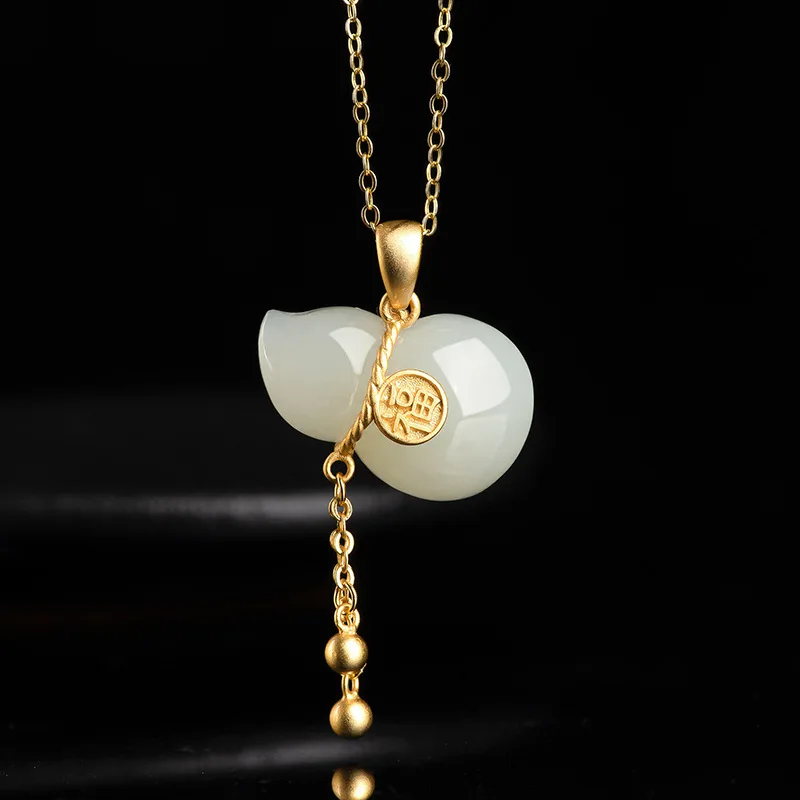 

Natural Antique Hetian White Nephrite Gourd Pendant, Genuine S925 Sterling Silver Inlaid Jade Necklace for Men & Women