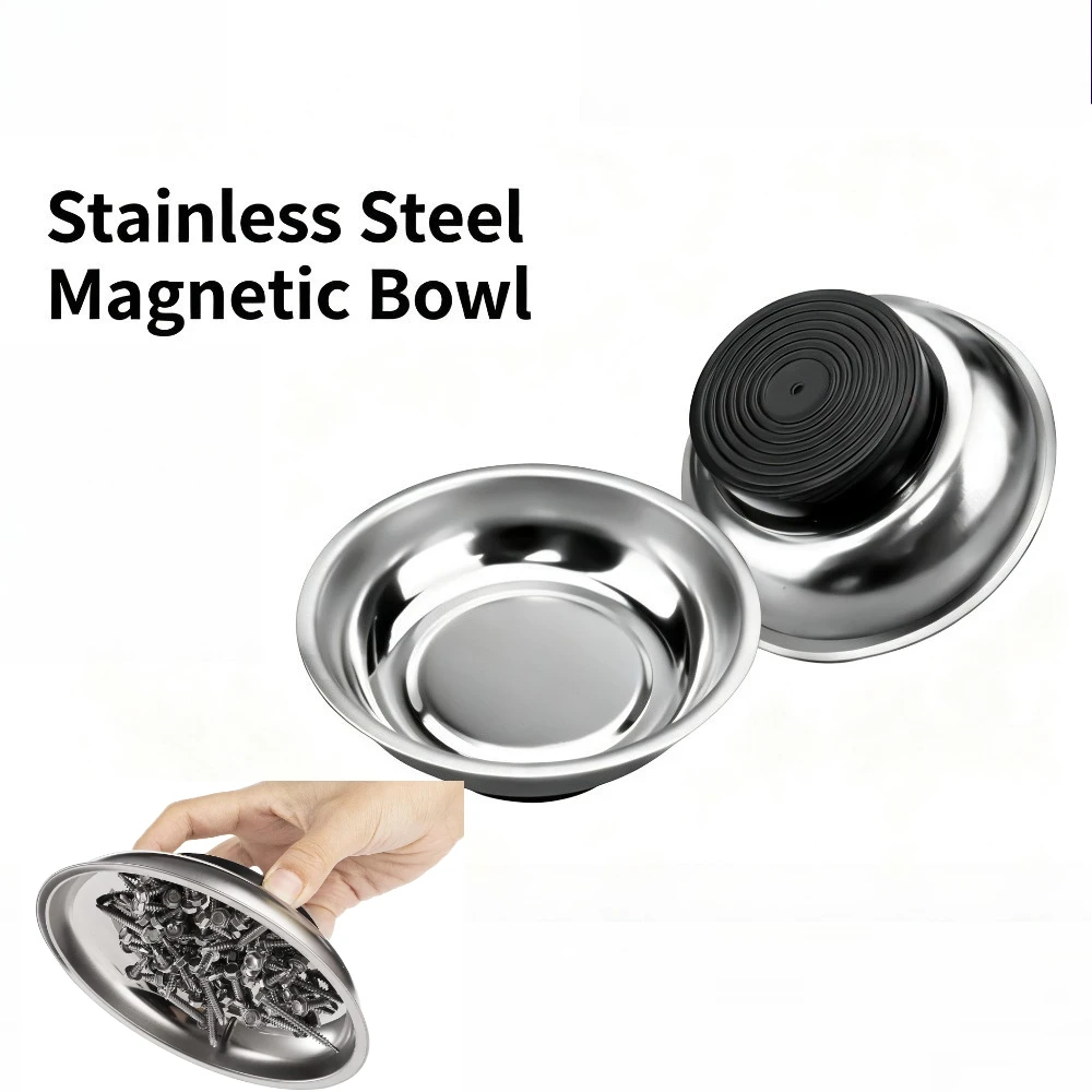 2Pcs Magnetic Parts Bowl 3 Inch Double‑Sided Magnet Stainless Steel Screw Nut Storage Tray for Auto Repair Hand Tool Organizer