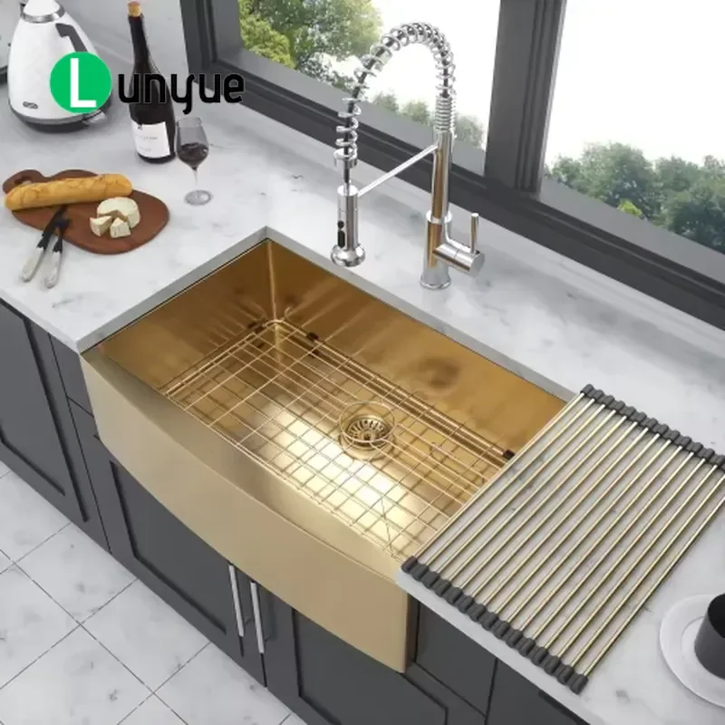 American Style 304 Stainless Steel Gold Apron Front Single Bowl Farmhouse Kitchen Sink Handmade With Accessories And Strainer