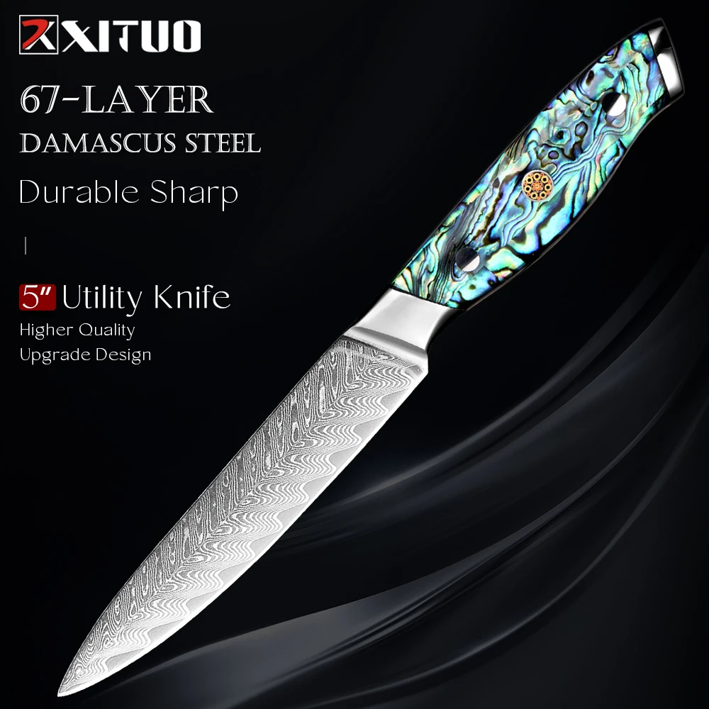 

Damascus Steel 5 Inch Utility Knife, Kitchen Small Chef Knife, Versatile Knife for Vegetable Fruit Meat, Full Tang Paring Knife