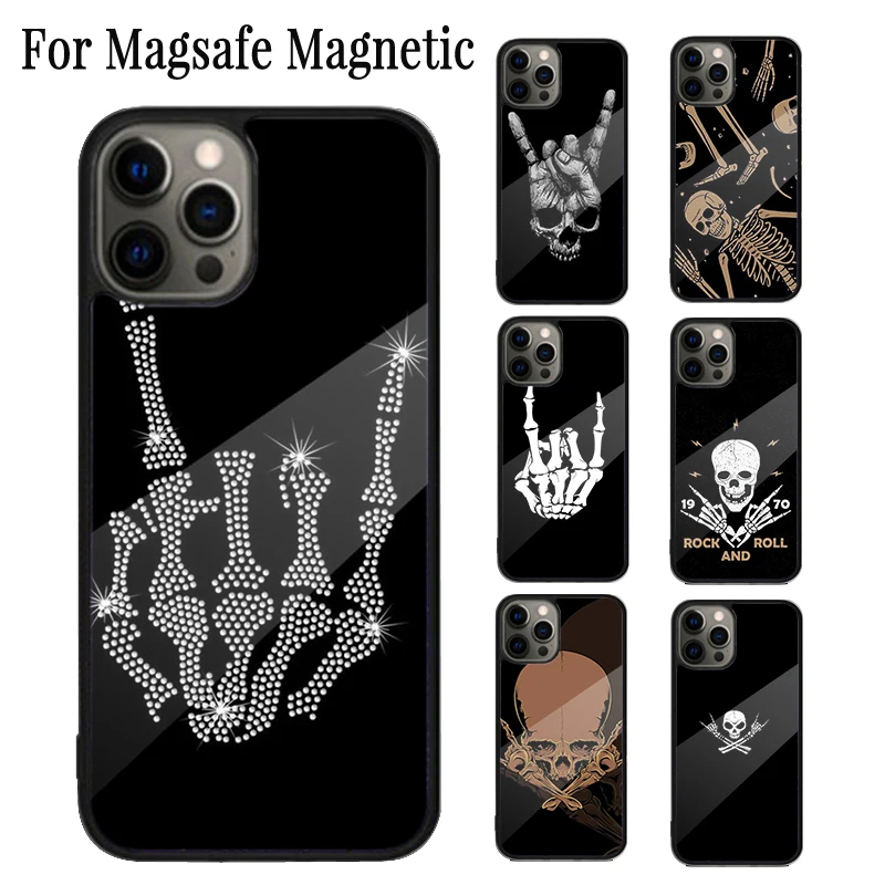 Rock Roll Skull Skeleton hands Magnetic Phone Case For iPhone 16 15 14 Plus 13 12 Mini 11 Pro Max Magsafe Wireless Cover