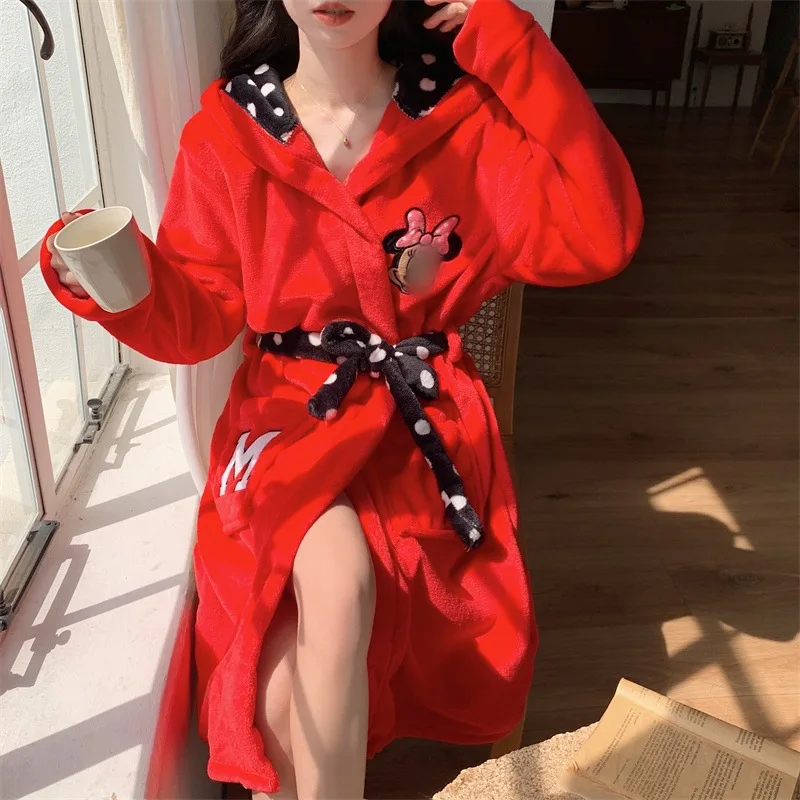 Printed Robes Bathrobes Thickened Flannel Nightwear Women's Autumn Winter Warmth Korean Version Simple Long Sleeved Nightgown