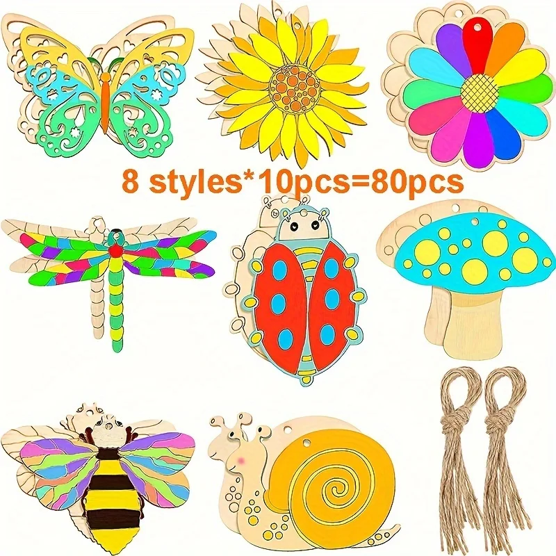 80 Pieces Unfinished Wooden Cutouts Butterfly Wood Slices Flower,Animals,Blank Wooden Paint Crafts for Kids Painting, DIY Crafts