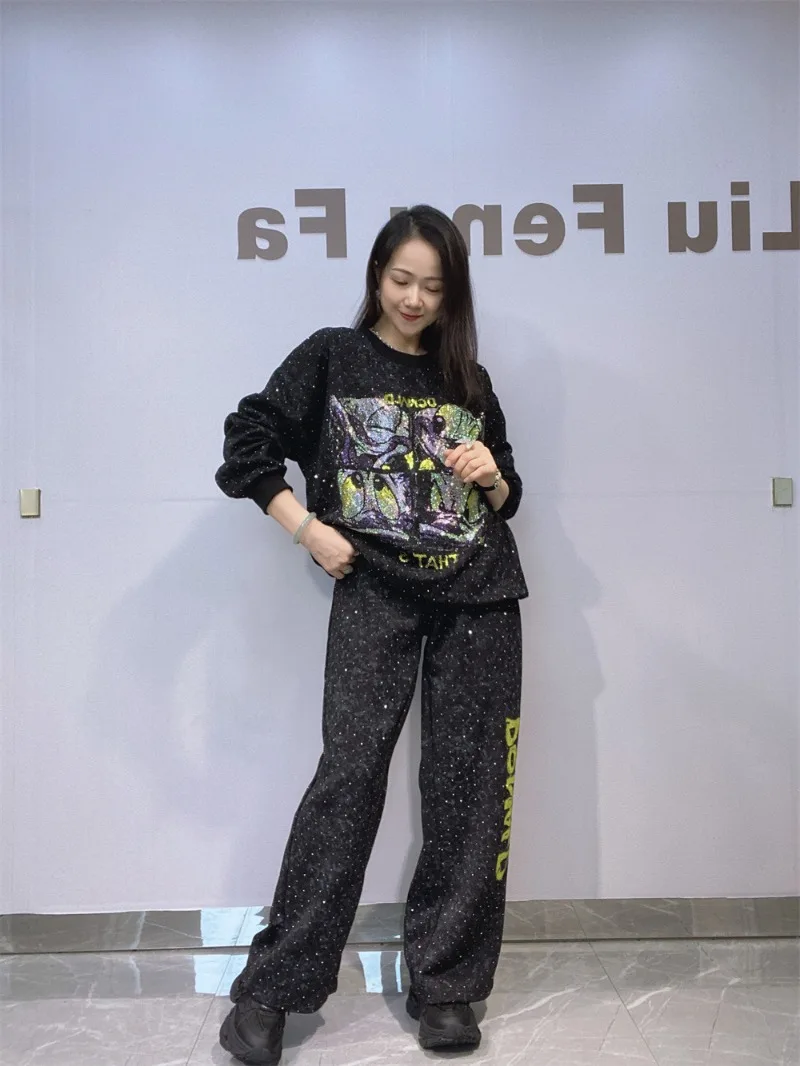 Rhinestone O-Neck Pullover Drop Shoulder Sweatshirt Trousers 2 Piece Set Set Women's Casual Long Sleeves Top Straight Pants Suit