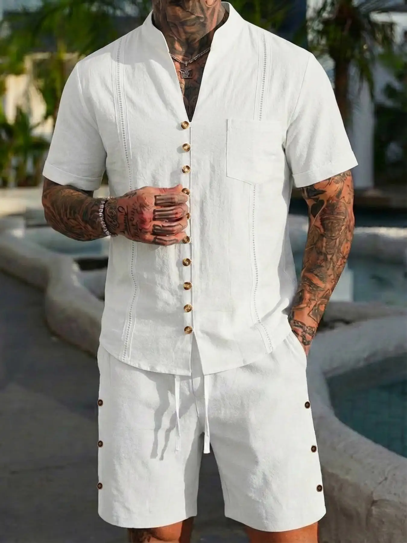 

2026 men's new linen pocket retro stand up collar short sleeved shirt set casual multi button solid color striped cardigan set